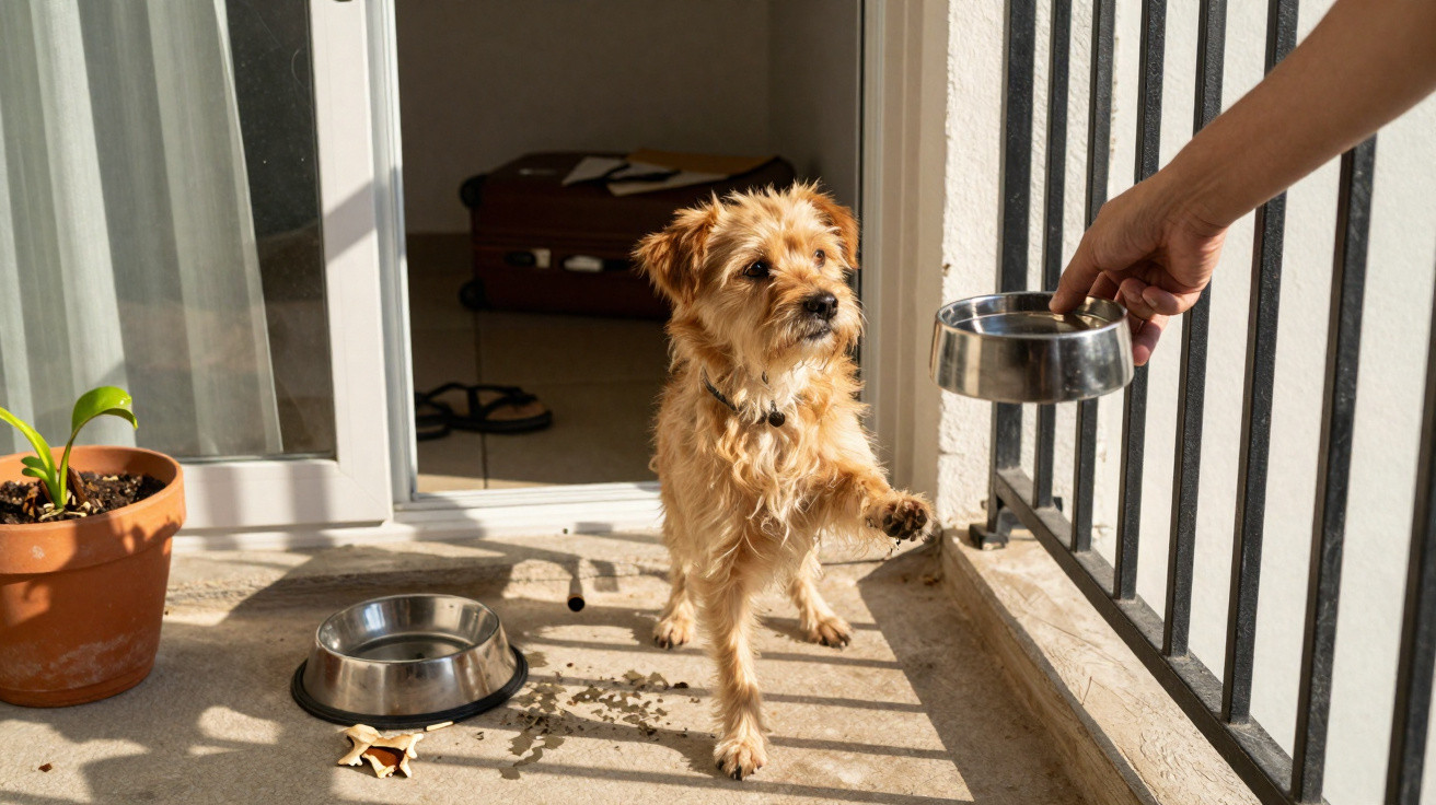 Cachorro pequeno com patinha levantada se preparando para comer de tigela oferecida por uma mão humana.