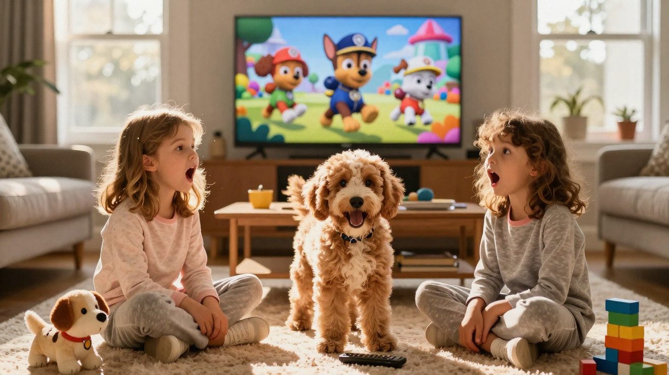 Duas crianças sentadas no tapete com um cachorro entre elas e desenho animado na TV ao fundo.