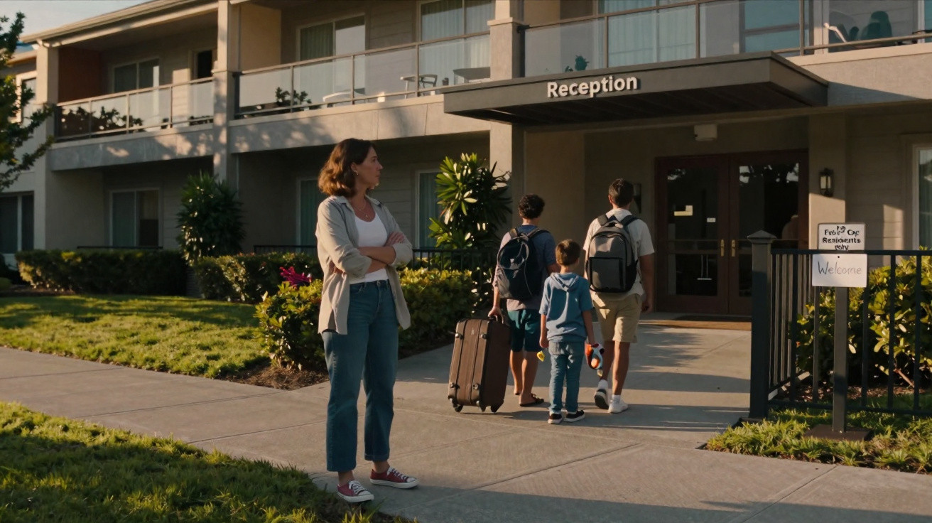 Mulher observa três crianças com mochilas entrando na recepção de um hotel ao pôr do sol.