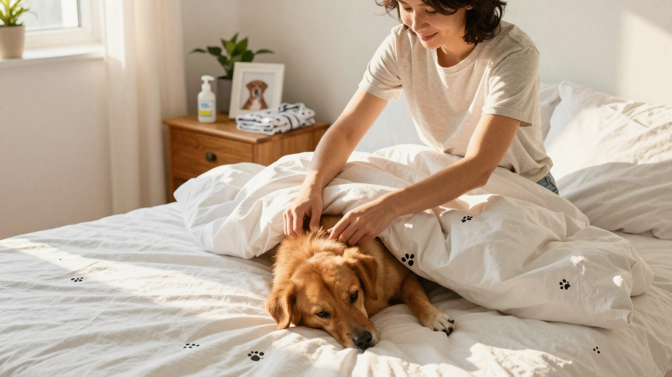 Pessoa acariciando cachorro dourado deitado na cama com cobertor branco decorado com patas.
