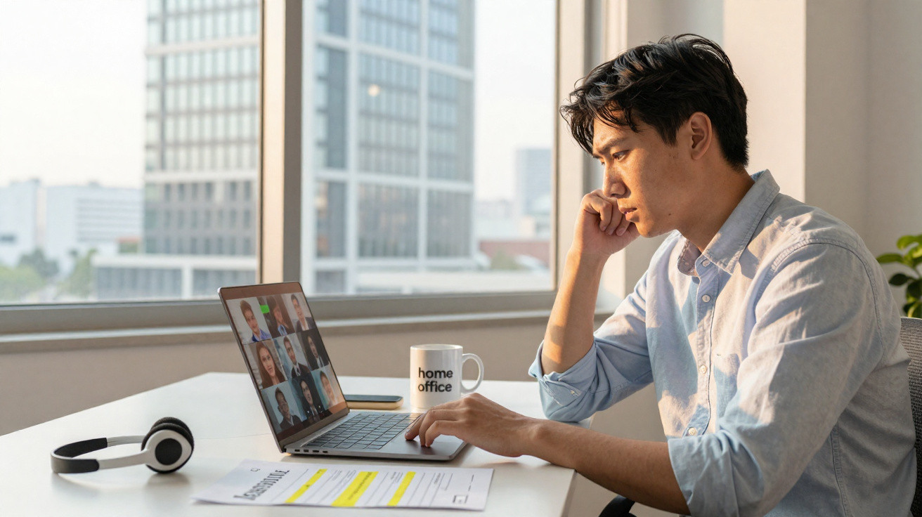 Homem concentrado em videoconferência no laptop, sentado em mesa com documentos e caneca "home office".