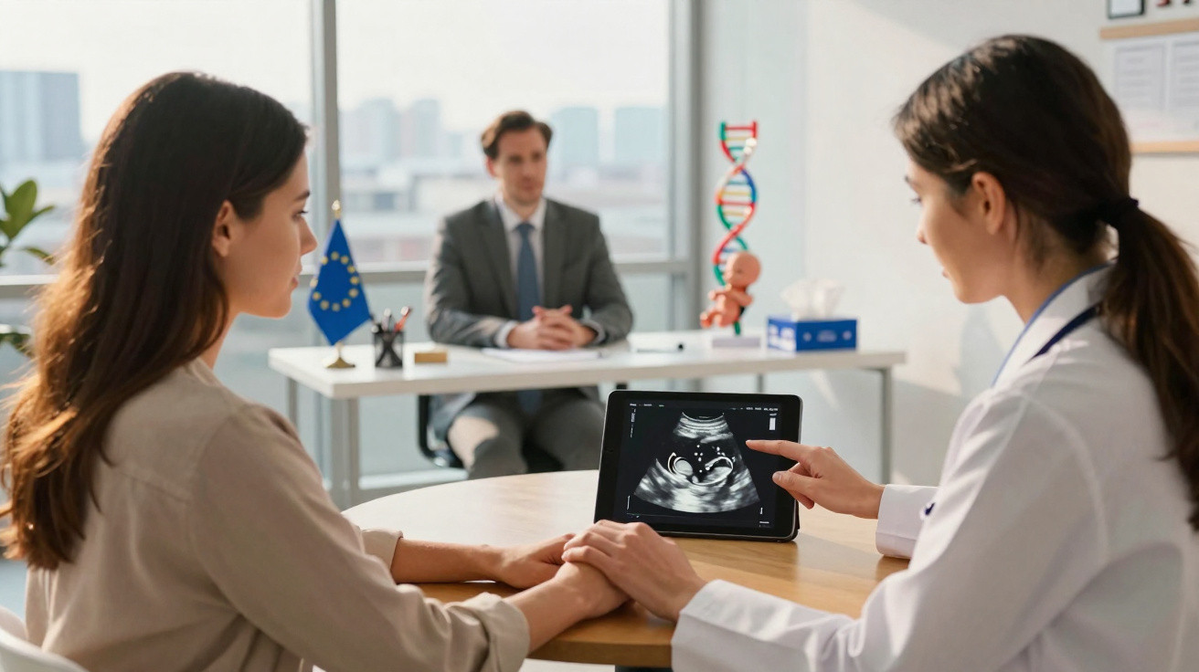 Médica mostrando ultrassom para mulher grávida durante consulta em clínica moderna.
