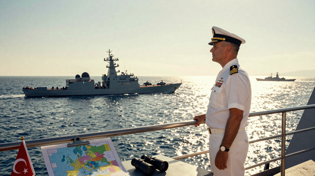 Oficial naval turco observando navios de guerra no mar durante o pôr do sol.