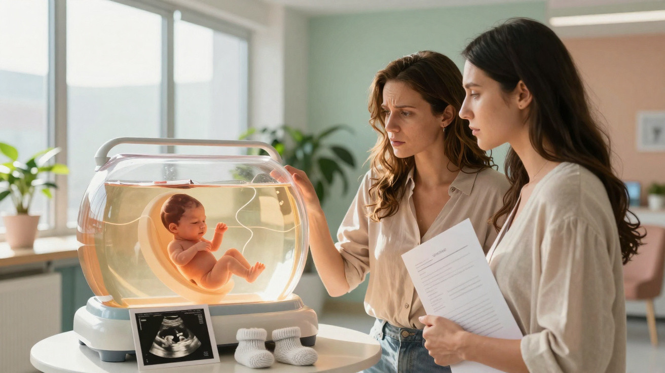Duas mulheres observando um bebê em incubadora futurista em ambiente clínico iluminado.