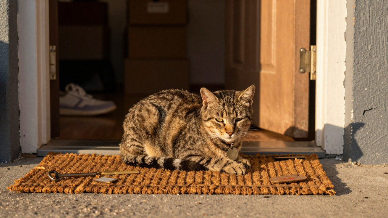 Gato listrado descansando sobre capacho na entrada de uma porta com luz do sol iluminando.