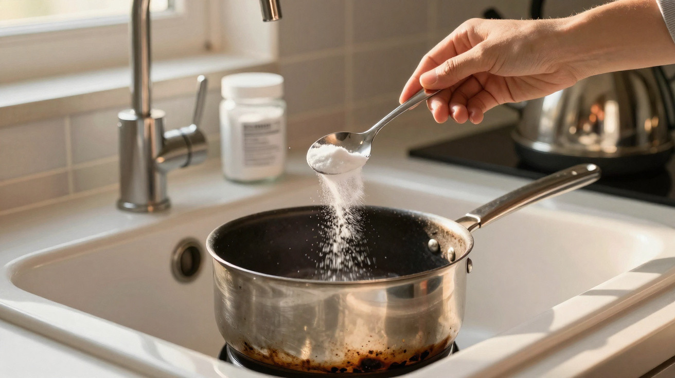 Pessoa despejando bicarbonato de sódio em colher sobre panela no fogão da cozinha.