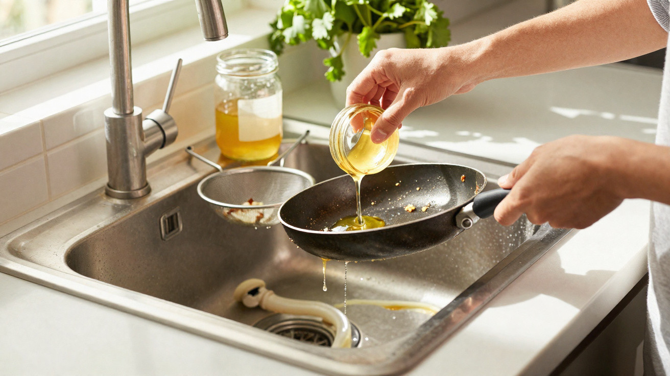 Pessoa despejando óleo de cozinha usado em frigideira sobre pia para descarte correto.