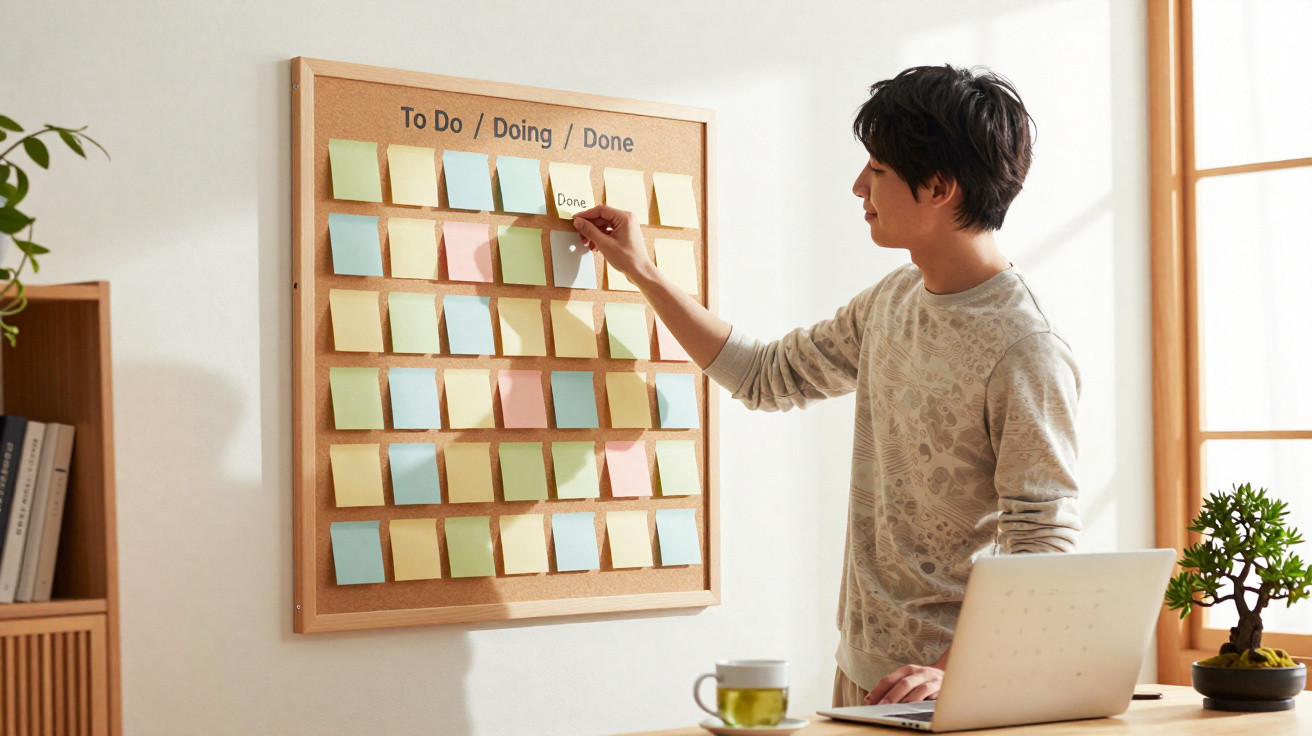 Pessoa organizando quadro de tarefas com post-its coloridos em escritório iluminado natural.