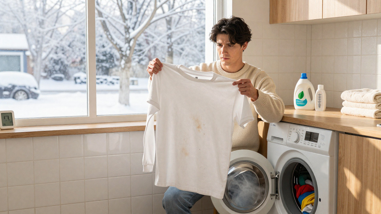 Homem olhando camiseta branca manchada na lavanderia ao lado de máquina de lavar roupa aberta.