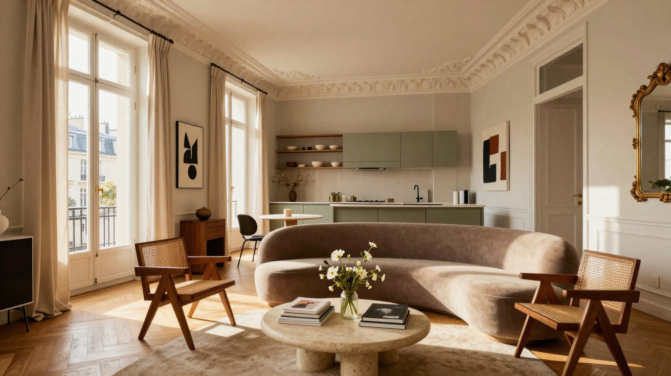 Sala de estar elegante com sofá curvo, poltronas de madeira, mesa de centro redonda e cozinha ao fundo.