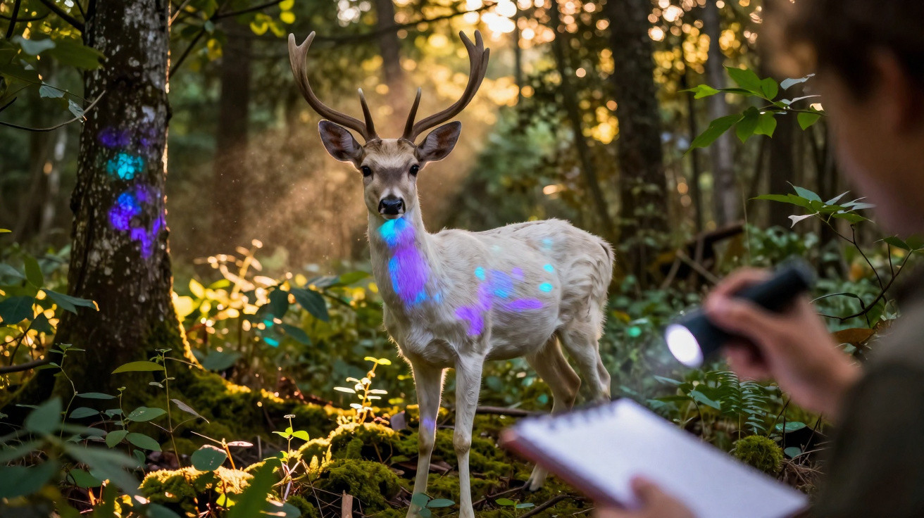 Veado branco iluminado por luzes coloridas em floresta observando uma pessoa com caderno e lanterna.
