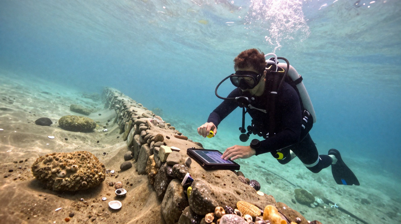Mergulhador usando equipamento explorando e coletando dados em estrutura de pedras submersa no mar.