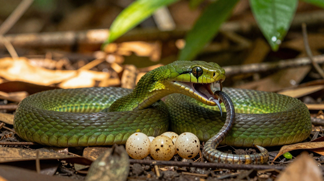 Cobra verde comendo uma cobra menor ao lado de ovos em chão coberto por folhas secas.