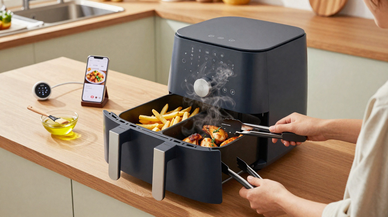 Pessoa usando air fryer dupla para cozinhar batatas fritas e frango na cozinha moderna.