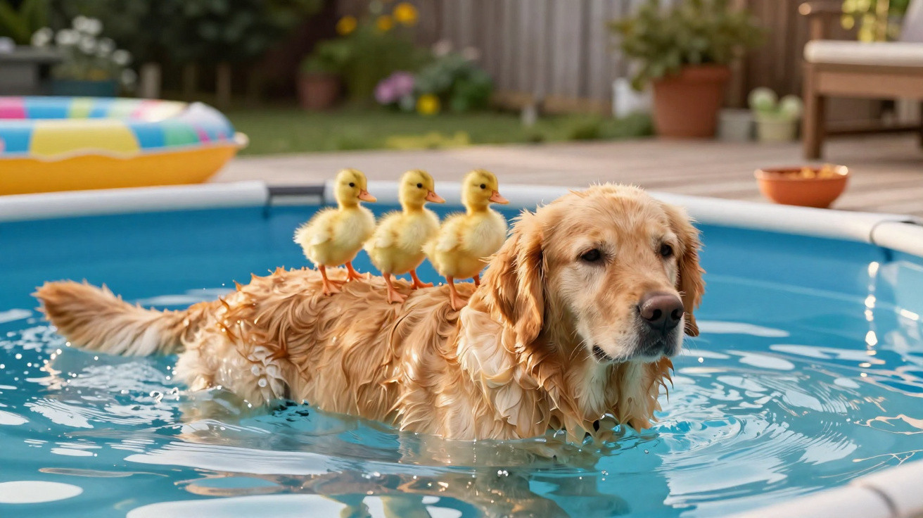 Cachorro dourado na piscina com três patinhos amarelos em suas costas em área externa.