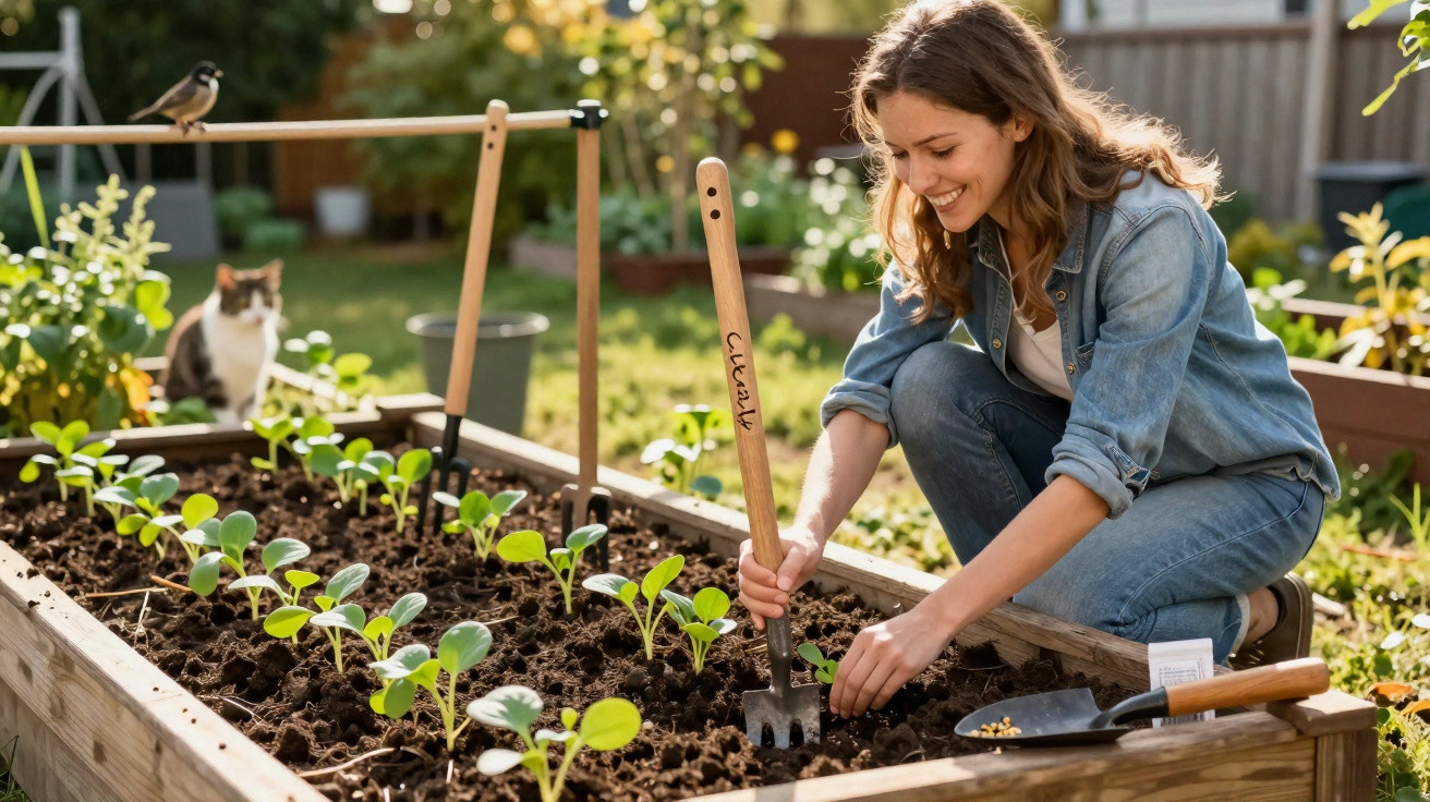 Mulher sorridente cuidando de plantas jovens em canteiro elevado em jardim ensolarado.