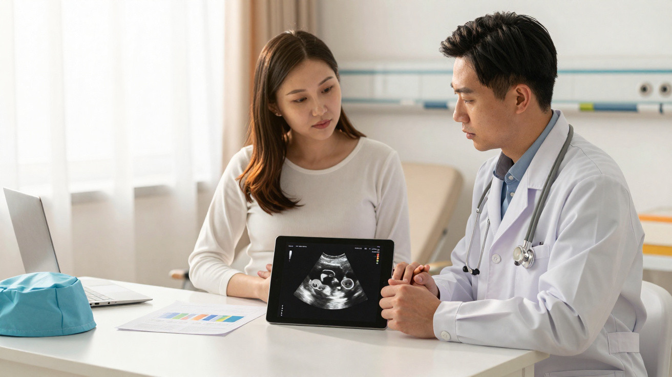 Mulher grávida conversando com médico que mostra ultrassom em tablet durante consulta.