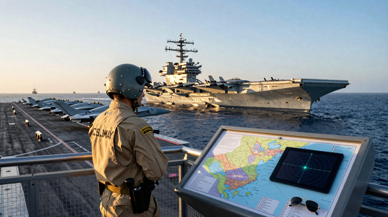 Militar em navio observando porta-aviões no mar com mapa e radar em mesa próxima.