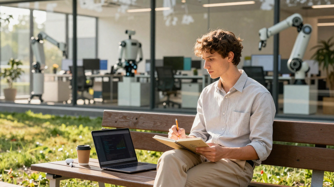 Jovem sentado em banco ao ar livre, escrevendo em caderno com laptop e café sobre o banco ao lado.