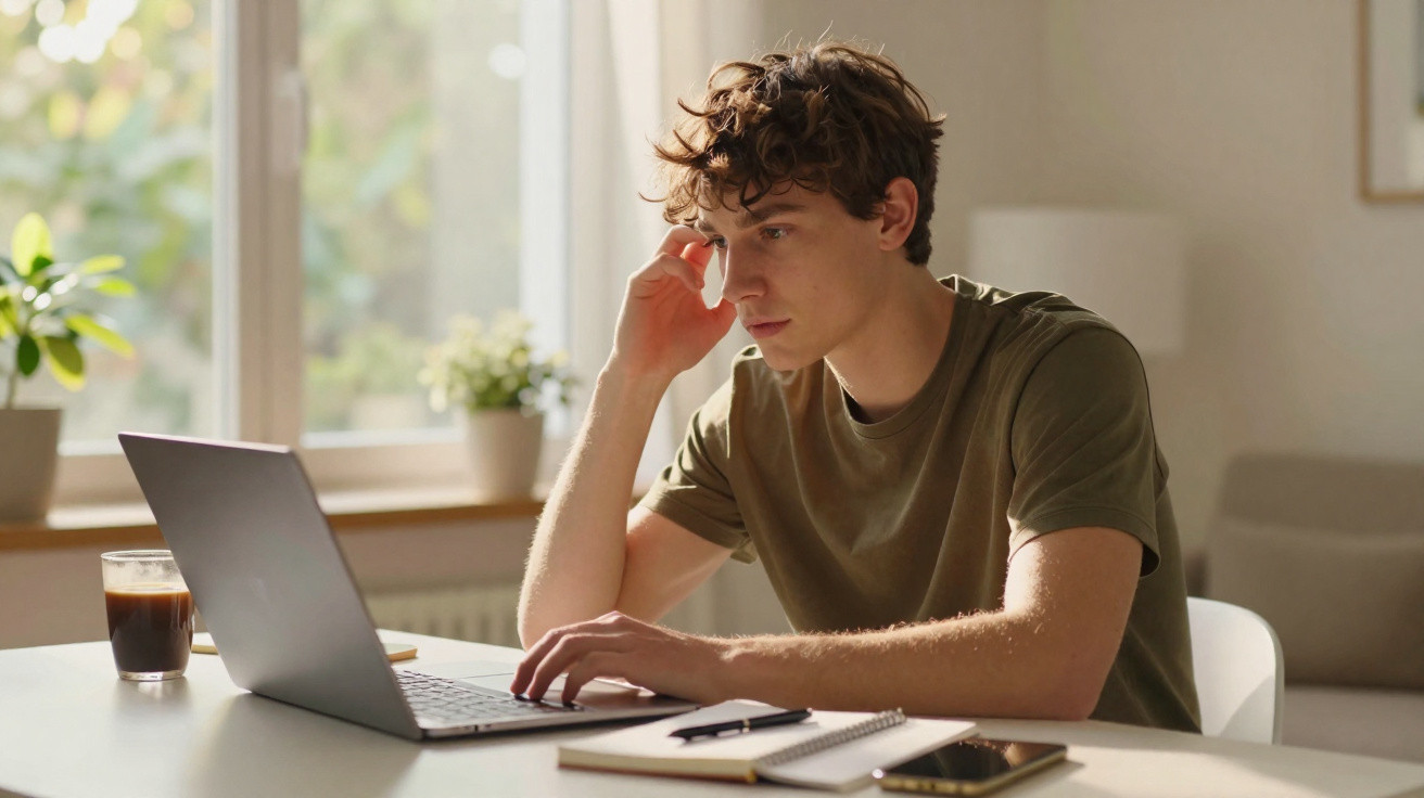 Jovem concentrado usando laptop à mesa com caderno, celular e copo de café em ambiente iluminado natural.