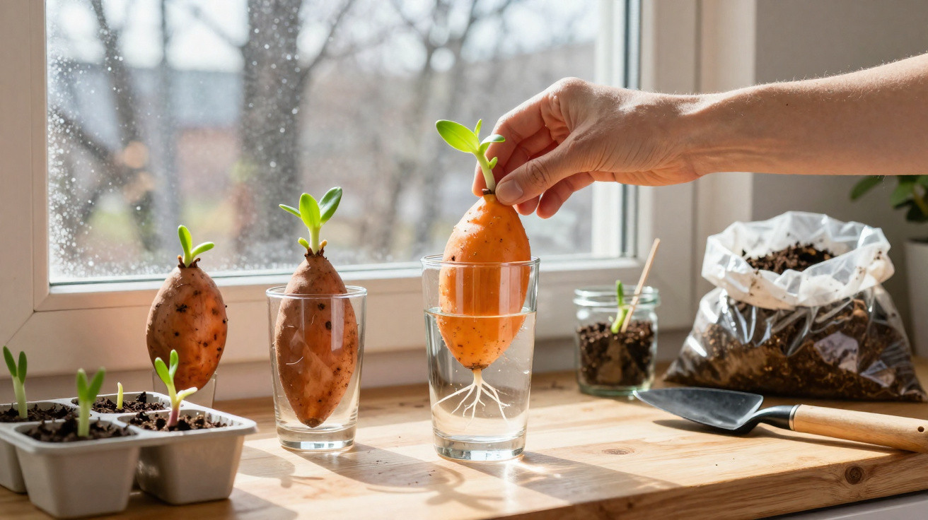 Batatas-doces brotando em copos com água ao lado de mudas plantadas em vasos na janela iluminada.