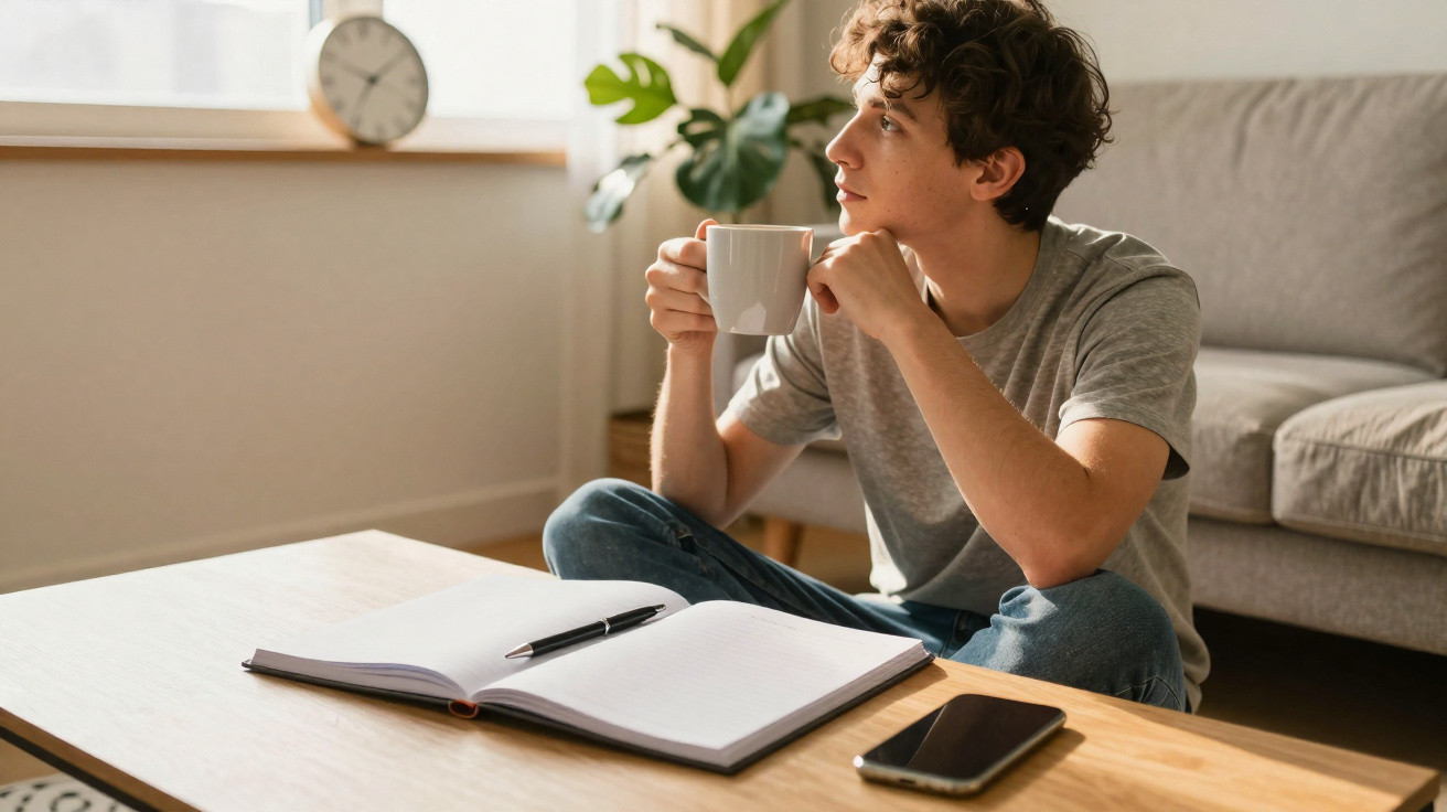 Jovem sentado no chão, tomando café e olhando pela janela, com caderno e celular sobre a mesa.