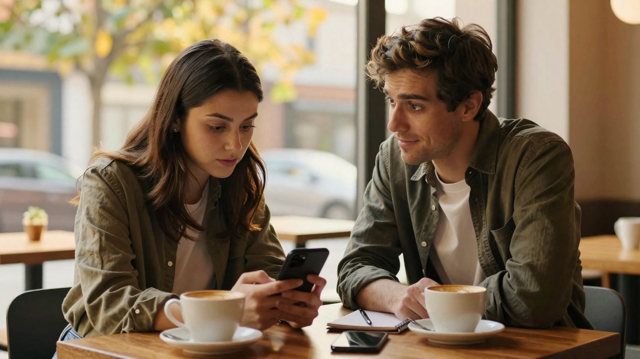 Casal jovem sentado em cafeteria, ela olhando para o celular e ele sorrindo enquanto conversa.