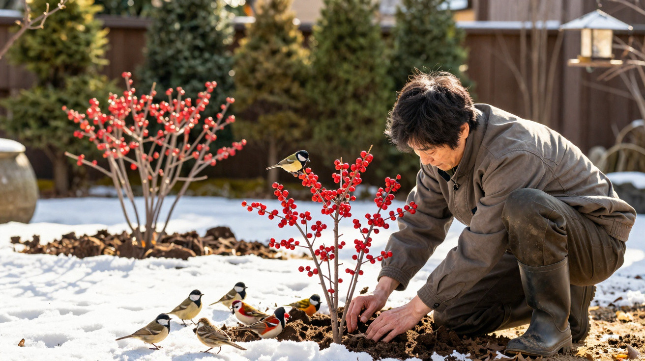 Pessoa plantando arbusto com bagas vermelhas na neve cercada por pássaros coloridos no jardim.
