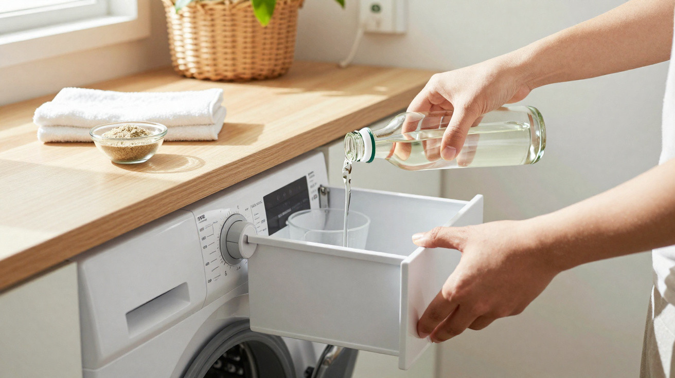 Pessoa despejando vinagre branco em compartimento de máquina de lavar roupas branca em ambiente claro