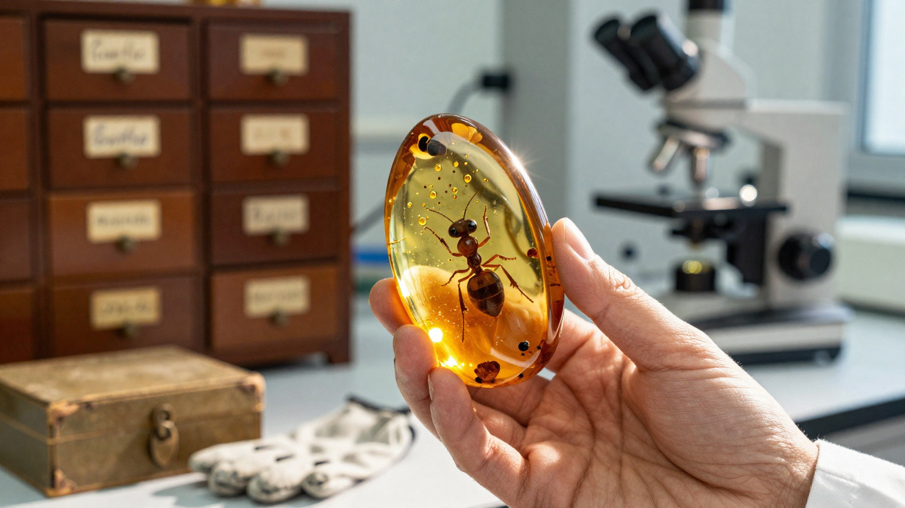 Mão segurando amostra de âmbar com formiga preservada em laboratório científico.