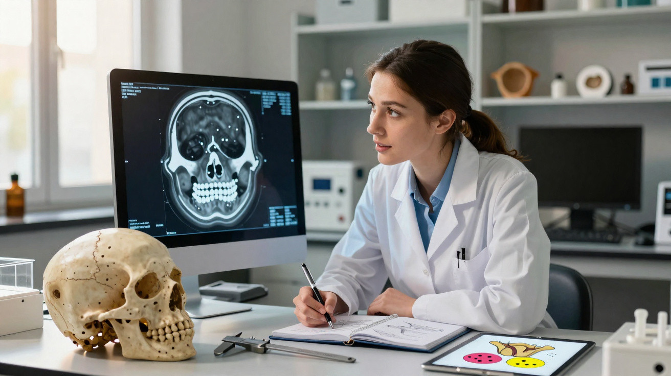 Mulher médica examinando raio-x de crânio enquanto faz anotações em laboratório com crânio e tablet.