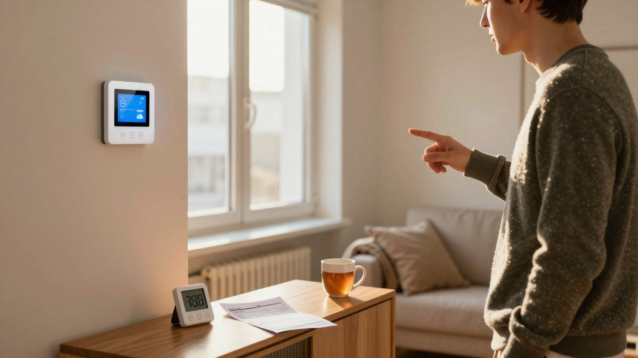 Homem ajustando controle digital de termostato em ambiente interno com mesa, xícara e documento.