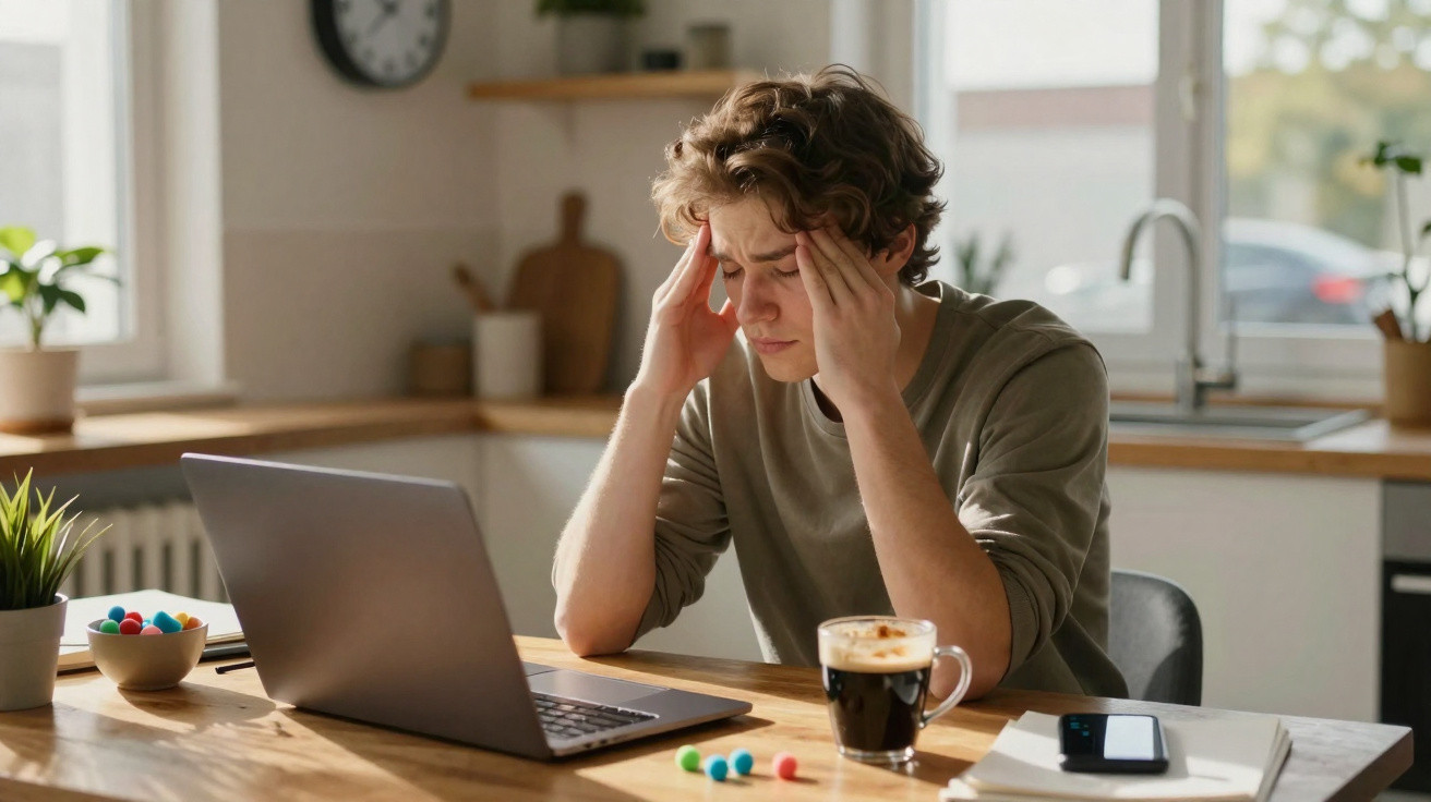 Jovem sentado à mesa com laptop, segurando a cabeça com expressão de cansaço ou dor de cabeça.