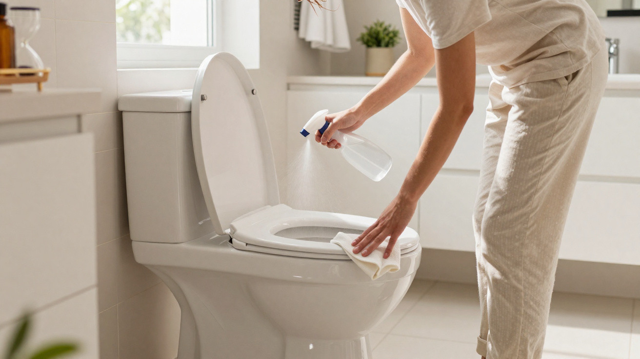 Pessoa limpando vaso sanitário branco em banheiro com spray e pano branco.