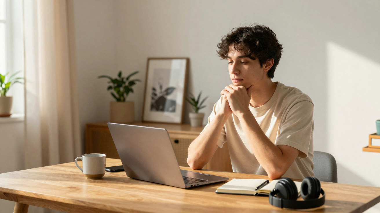 Homem jovem sentado em mesa com laptop, caderno, fones de ouvido e caneca em ambiente iluminado.