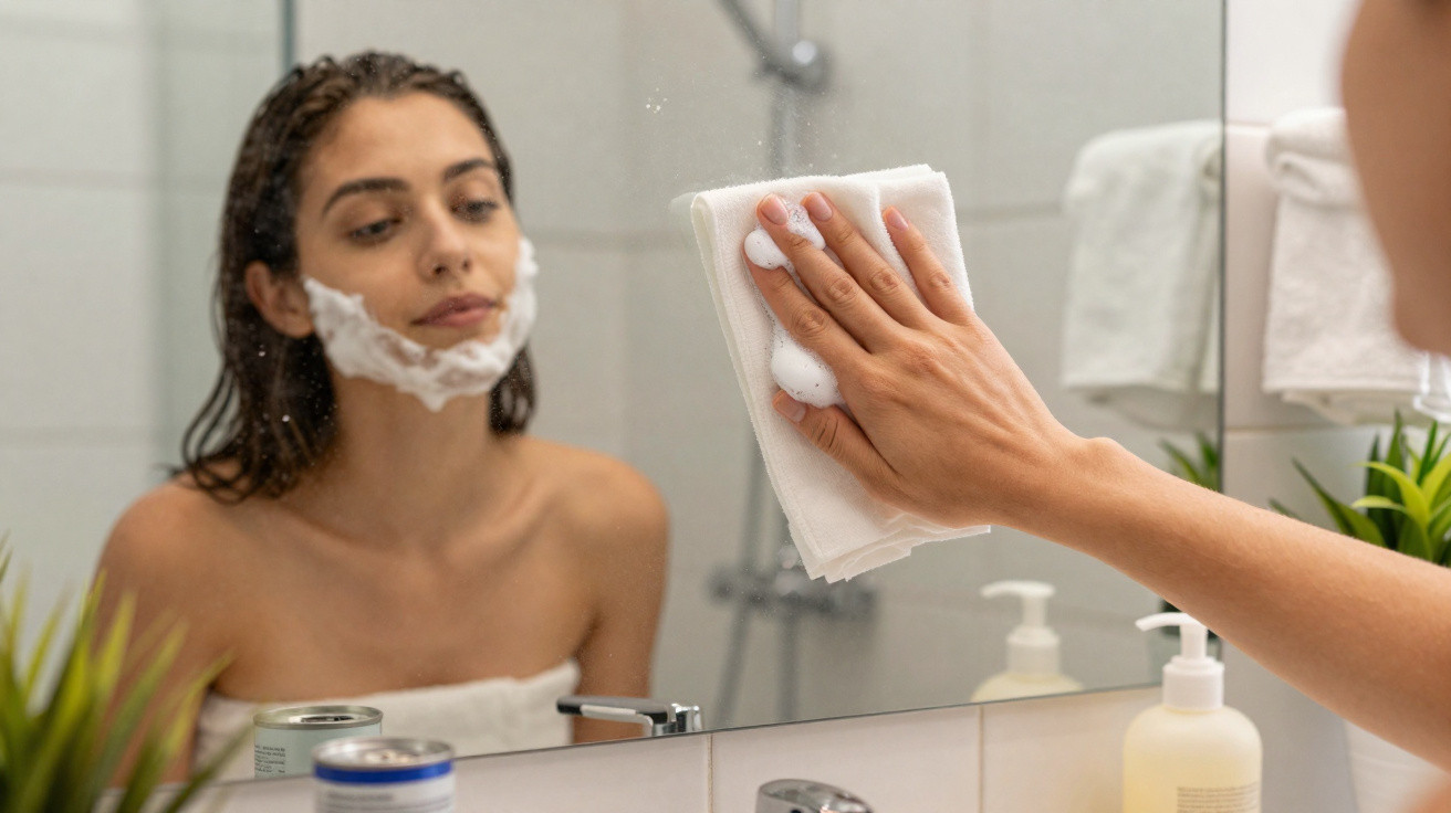 Mulher com espuma de barbear no rosto limpando espelho do banheiro com pano branco.