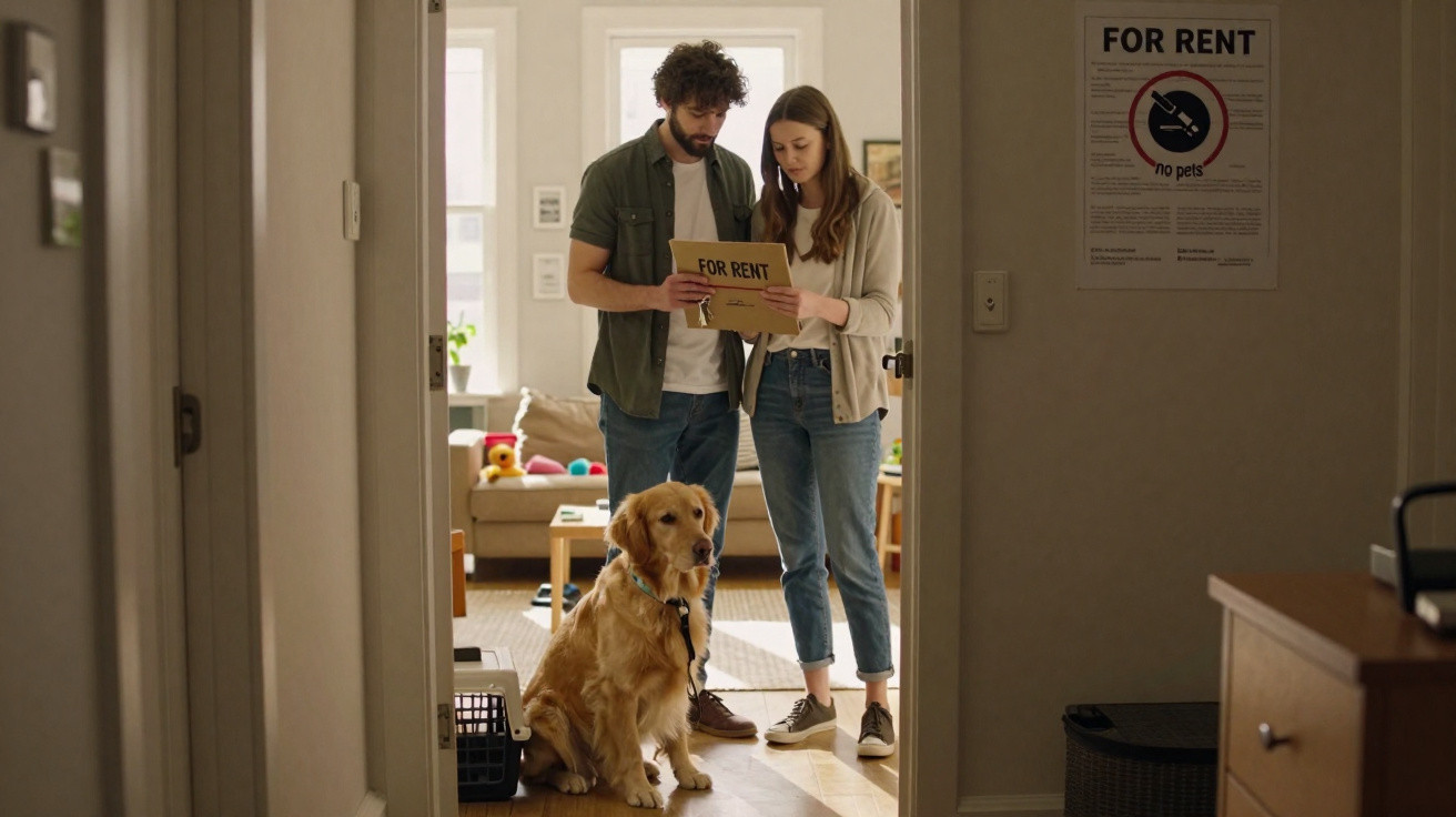 Casal analisando documento de aluguel dentro de apartamento com cão dourado sentado no chão.