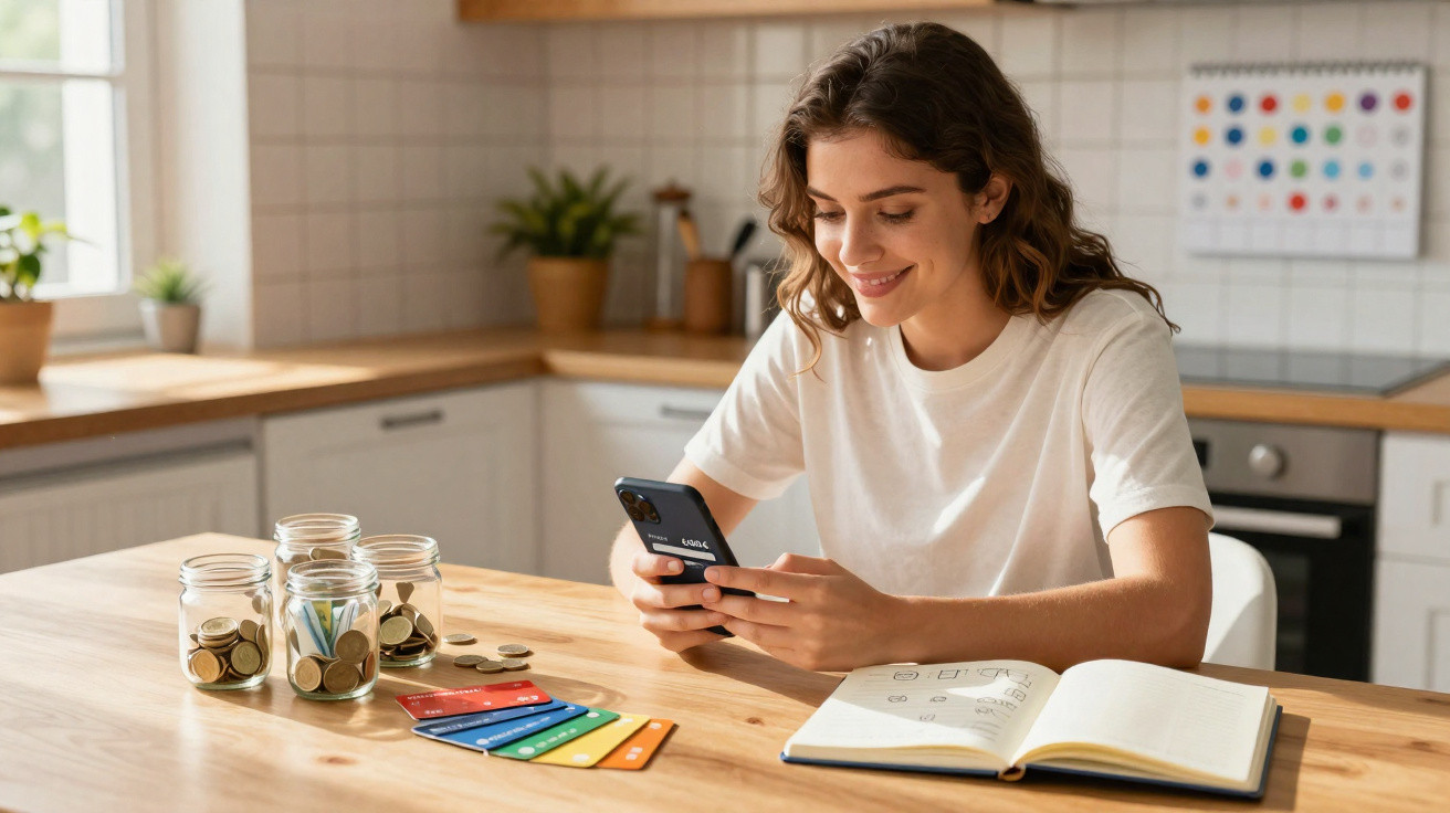 Mulher sorridente usando celular para controlar finanças com moedas, cartões e caderno em mesa de cozinha.