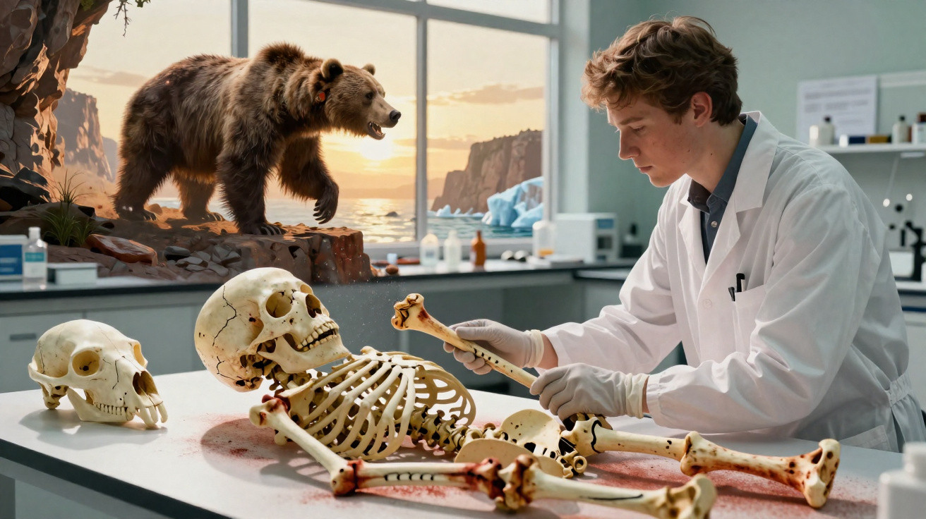 Jovem cientista examina esqueleto humano em laboratório, com urso e paisagem ao fundo.