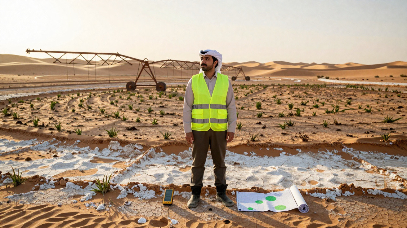 Homem com colete refletivo em plantação no deserto com solo rachado e equipamentos agrícolas ao fundo.