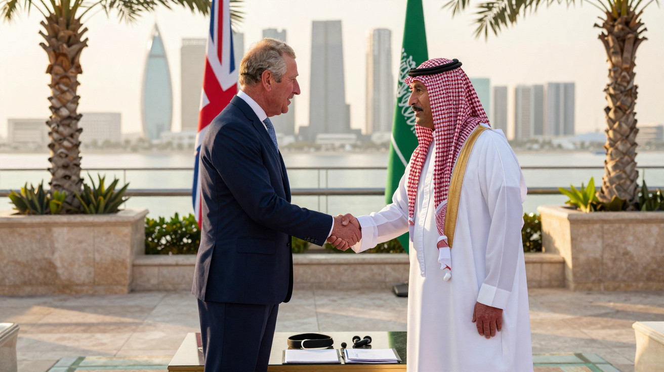 Duas autoridades se cumprimentam com aperto de mãos em ambiente externo com bandeiras da Austrália e Arábia Saudita ao fundo.