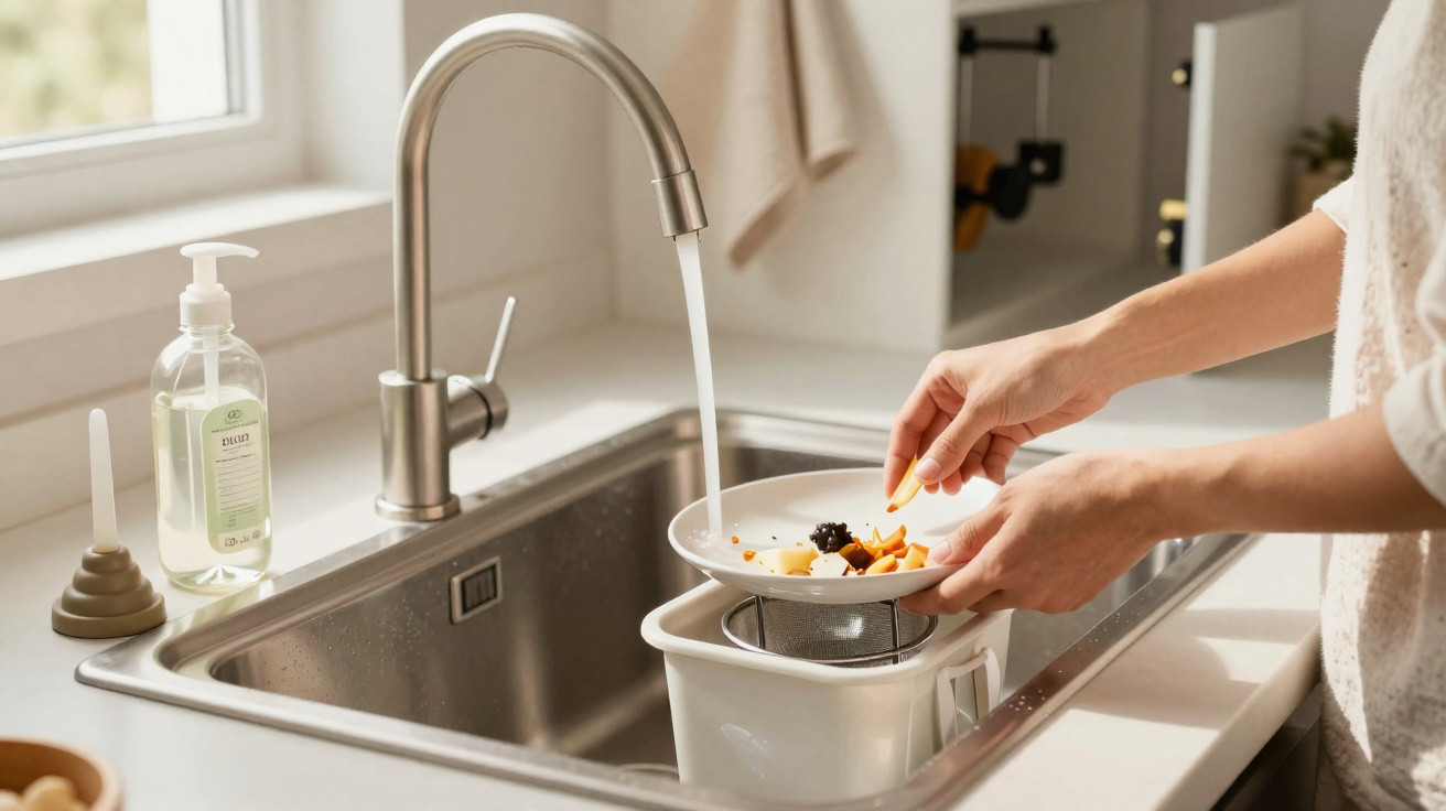 Pessoa colocando resíduos de alimentos em um recipiente de coleta de compostagem na pia da cozinha.