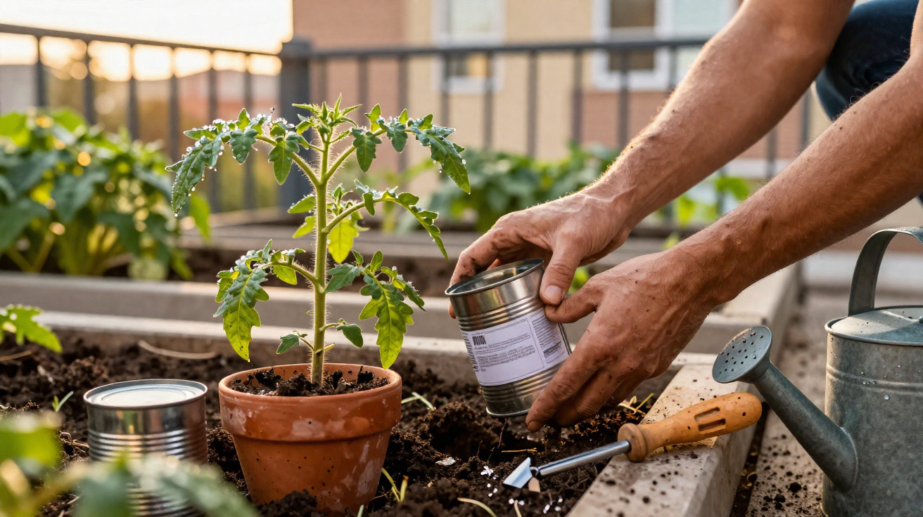 Pessoa plantando muda de tomate em vaso de barro, ao lado de regador e ferramenta de jardinagem.