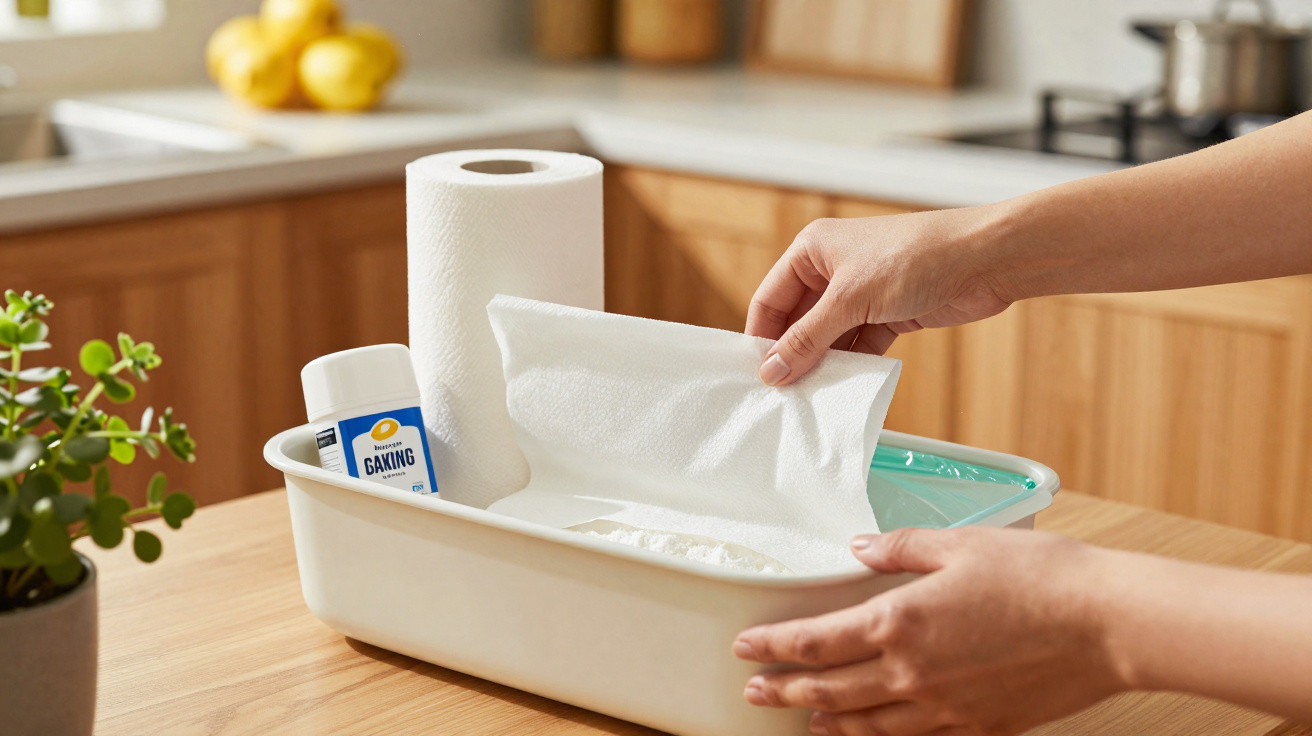 Mãos pegando lenço de limpeza em recipiente com bicarbonato, papel toalha e planta na cozinha.