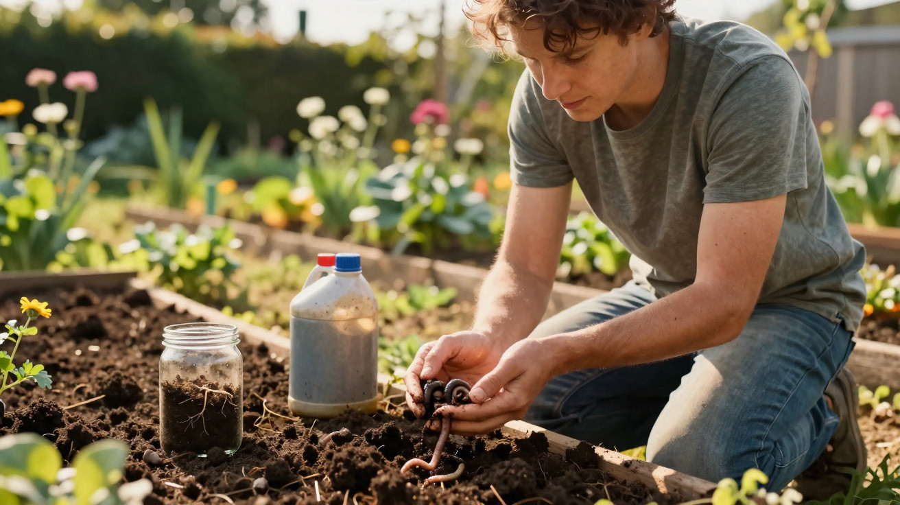 Pessoa segurando minhocas em um jardim, preparando solo com compostagem para plantar flores.