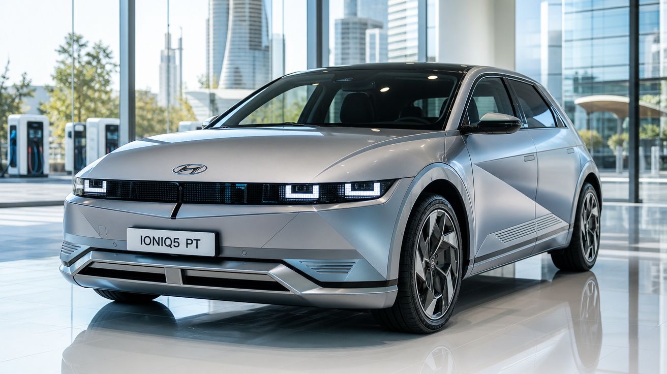 Carro elétrico Hyundai Ioniq 5 cinza estacionado em showroom moderno com grandes janelas e edifícios ao fundo.