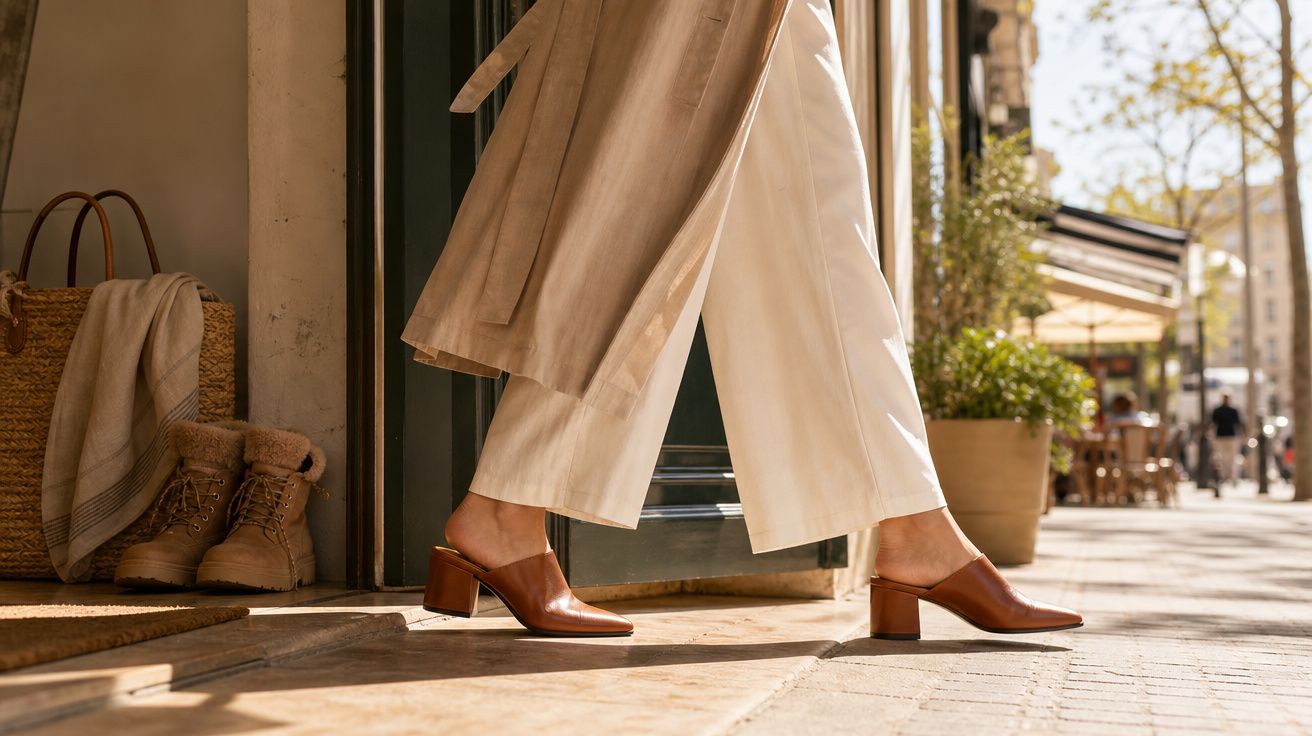 Pessoa vestindo calça branca e sapatos marrons de salto médio caminhando na calçada em dia ensolarado.