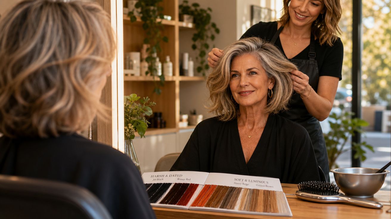 Mulher sorrindo em salão de beleza enquanto cabeleireira prepara seu cabelo grisalho.