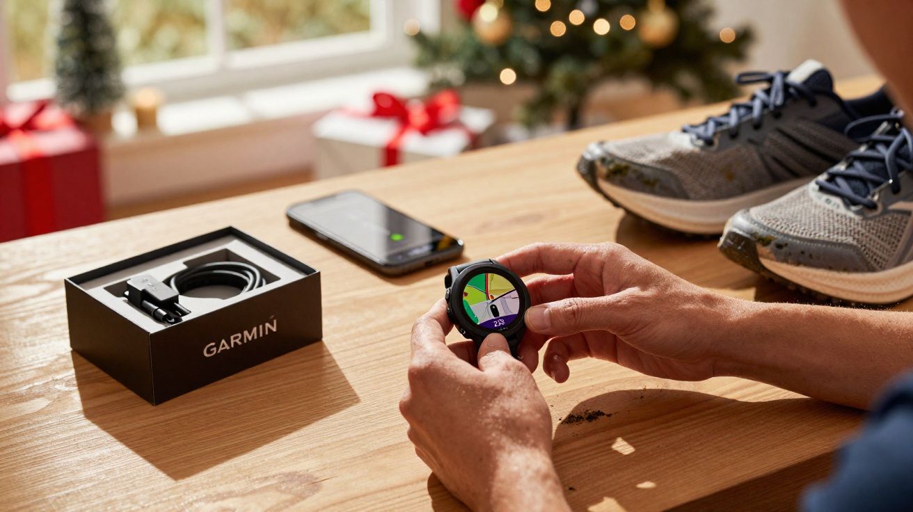 Pessoa segurando relógio Garmin com navegação, tênis e caixa do produto sobre mesa de madeira clara.