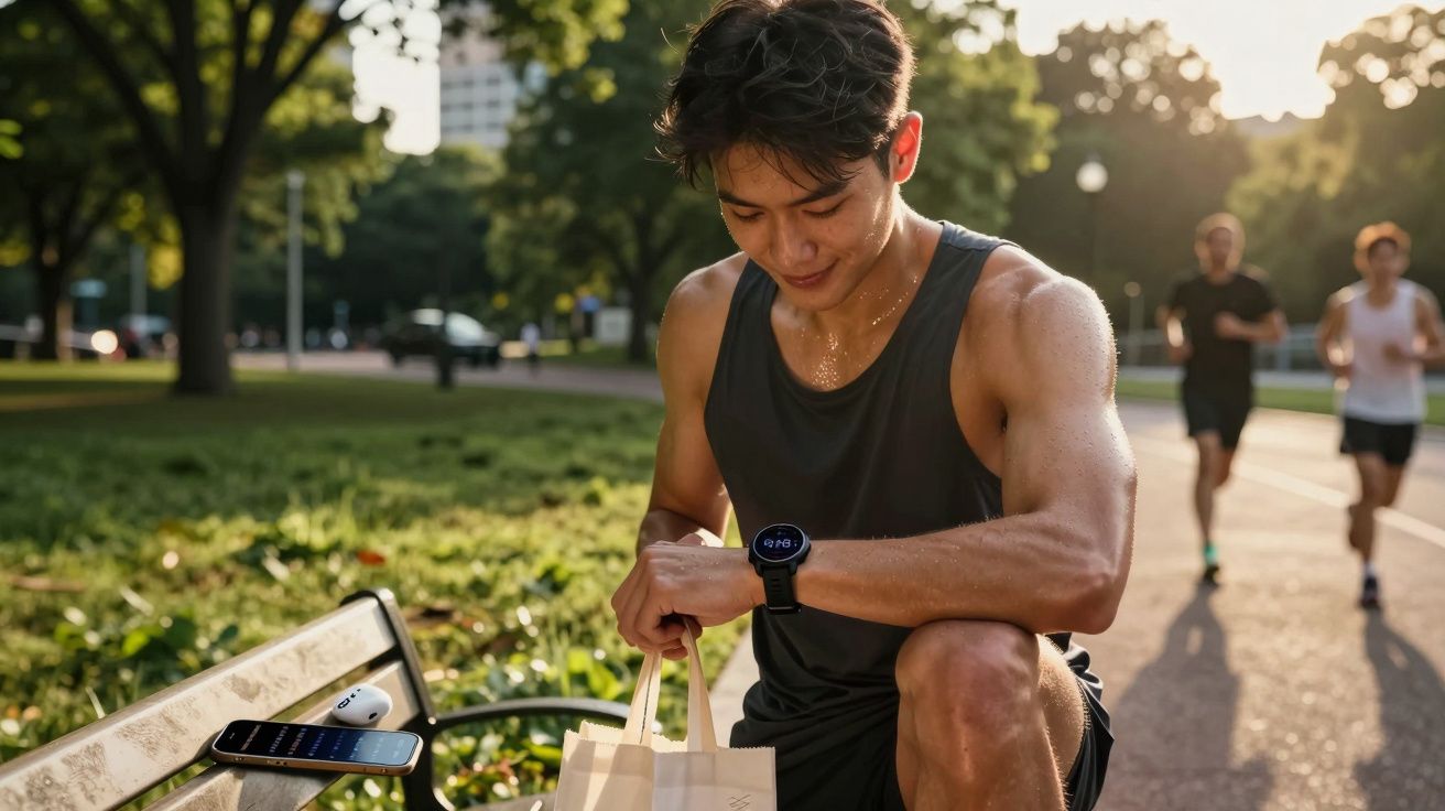 Homem suado com roupa de academia verifica relógio esportivo sentado em banco de parque ao entardecer.